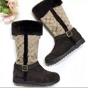 Coach Deeann Sz 5 Brown Signature Logo Faux Fur Boots Womens